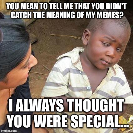 Third World Skeptical Kid Meme | YOU MEAN TO TELL ME THAT YOU DIDN'T CATCH THE MEANING OF MY MEMES? I ALWAYS THOUGHT YOU WERE SPECIAL... | image tagged in memes,third world skeptical kid | made w/ Imgflip meme maker
