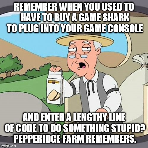 pepp | REMEMBER WHEN YOU USED TO HAVE TO BUY A GAME SHARK TO PLUG INTO YOUR GAME CONSOLE AND ENTER A LENGTHY LINE OF CODE TO DO SOMETHING STUPID? P | image tagged in pepp | made w/ Imgflip meme maker
