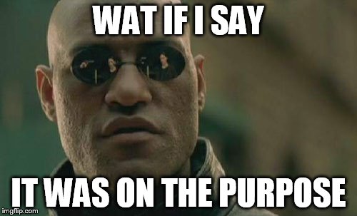 Matrix Morpheus Meme | WAT IF I SAY IT WAS ON THE PURPOSE | image tagged in memes,matrix morpheus | made w/ Imgflip meme maker