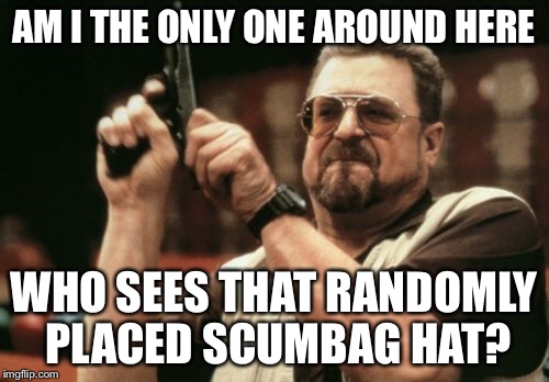 AM I THE ONLY ONE AROUND HERE WHO SEES THAT RANDOMLY PLACED SCUMBAG HAT? | image tagged in memes,am i the only one around here | made w/ Imgflip meme maker