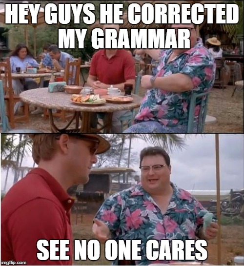 See Nobody Cares | HEY GUYS HE CORRECTED MY GRAMMAR SEE NO ONE CARES | image tagged in memes,see nobody cares | made w/ Imgflip meme maker