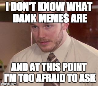 Andy Dwyer | I DON'T KNOW WHAT DANK MEMES ARE AND AT THIS POINT I'M TOO AFRAID TO ASK | image tagged in andy dwyer | made w/ Imgflip meme maker