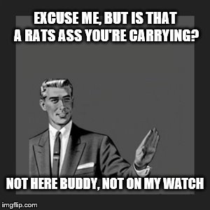 Kill Yourself Guy | EXCUSE ME, BUT IS THAT A RATS ASS YOU'RE CARRYING? NOT HERE BUDDY, NOT ON MY WATCH | image tagged in memes,kill yourself guy | made w/ Imgflip meme maker