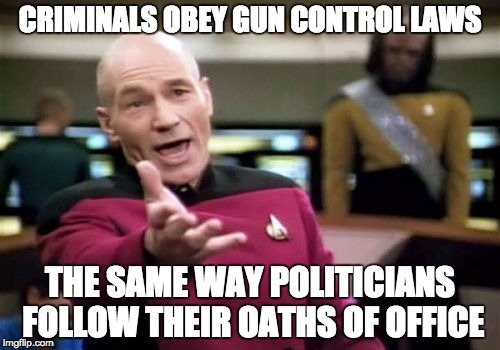 Picard Wtf Meme | CRIMINALS OBEY GUN CONTROL LAWS THE SAME WAY POLITICIANS FOLLOW THEIR OATHS OF OFFICE | image tagged in memes,picard wtf | made w/ Imgflip meme maker