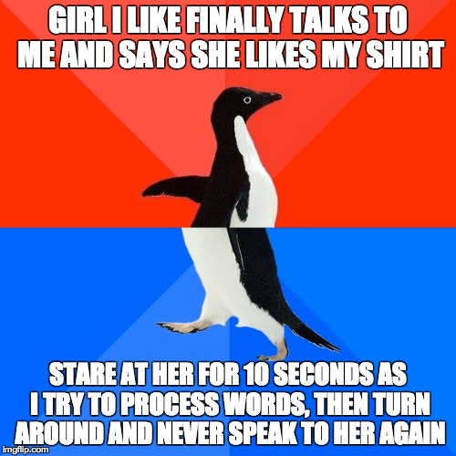 Socially Awesome Awkward Penguin | GIRL I LIKE FINALLY TALKS TO ME AND SAYS SHE LIKES MY SHIRT STARE AT HER FOR 10 SECONDS AS I TRY TO PROCESS WORDS, THEN TURN AROUND AND NEVE | image tagged in memes,socially awesome awkward penguin,AdviceAnimals | made w/ Imgflip meme maker