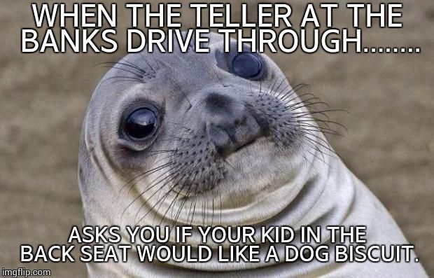 Awkward Moment Sealion Meme | WHEN THE TELLER AT THE BANKS DRIVE THROUGH........ ASKS YOU IF YOUR KID IN THE BACK SEAT WOULD LIKE A DOG BISCUIT. | image tagged in memes,awkward moment sealion | made w/ Imgflip meme maker