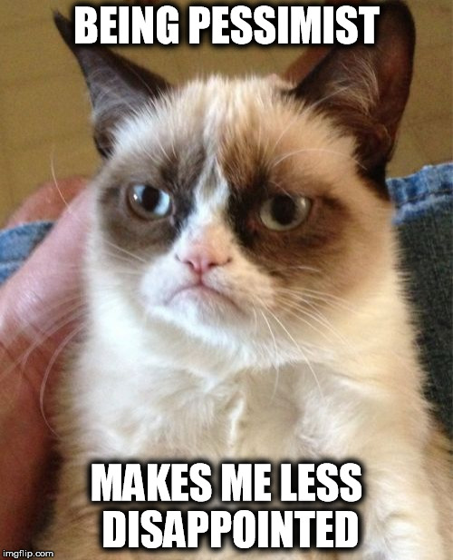 Grumpy Cat | BEING PESSIMIST MAKES ME LESS DISAPPOINTED | image tagged in memes,grumpy cat | made w/ Imgflip meme maker