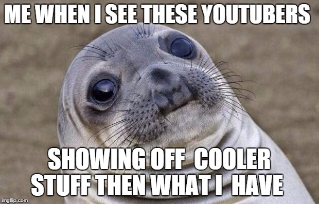 Awkward Moment Sealion | ME WHEN I SEE THESE YOUTUBERS SHOWING OFF  COOLER STUFF THEN WHAT I  HAVE | image tagged in memes,awkward moment sealion | made w/ Imgflip meme maker