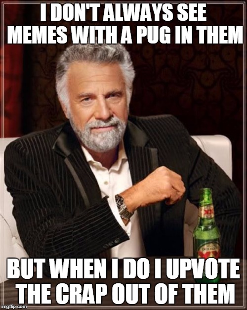 The Most Interesting Man In The World Meme | I DON'T ALWAYS SEE MEMES WITH A PUG IN THEM BUT WHEN I DO I UPVOTE THE CRAP OUT OF THEM | image tagged in memes,the most interesting man in the world | made w/ Imgflip meme maker