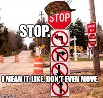 Scumbag SIGN! | STOP. I MEAN IT. LIKE, DON'T EVEN MOVE. | image tagged in you can't move sign,scumbag,signs/billboards,wtf,hilarious | made w/ Imgflip meme maker