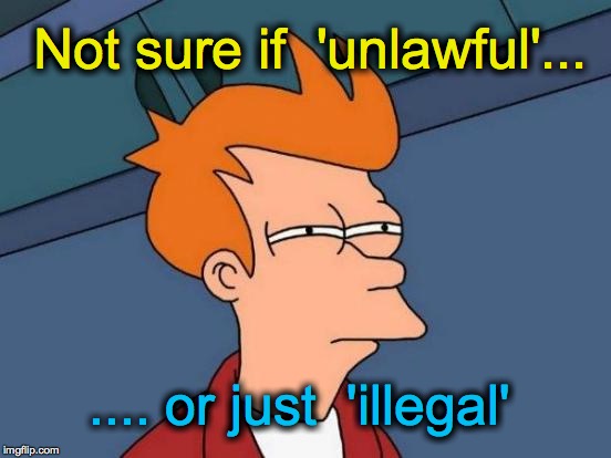 Futurama Fry | Not sure if  'unlawful'... .... or just  'illegal' | image tagged in memes,futurama fry | made w/ Imgflip meme maker