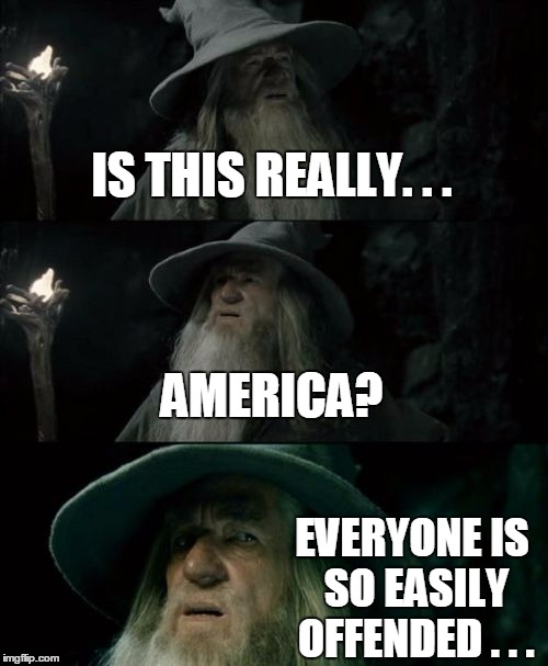 I have no memory of this place. | IS THIS REALLY. . . AMERICA? EVERYONE IS SO EASILY OFFENDED . . . | image tagged in memes,confused gandalf,america,political,funny,liberals | made w/ Imgflip meme maker