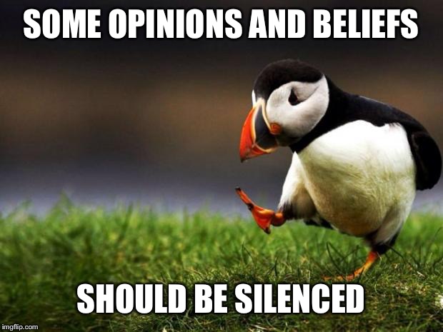 Unpopular Opinion Puffin Meme | SOME OPINIONS AND BELIEFS SHOULD BE SILENCED | image tagged in memes,unpopular opinion puffin | made w/ Imgflip meme maker