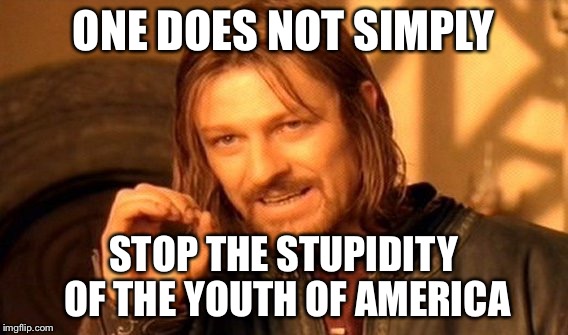 One Does Not Simply Meme | ONE DOES NOT SIMPLY STOP THE STUPIDITY OF THE YOUTH OF AMERICA | image tagged in memes,one does not simply | made w/ Imgflip meme maker
