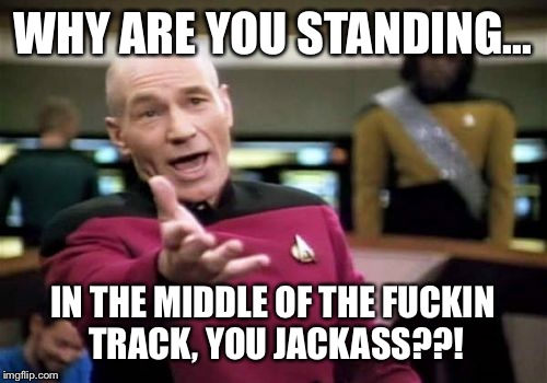Picard Wtf Meme | WHY ARE YOU STANDING... IN THE MIDDLE OF THE F**KIN TRACK, YOU JACKASS??! | image tagged in memes,picard wtf | made w/ Imgflip meme maker