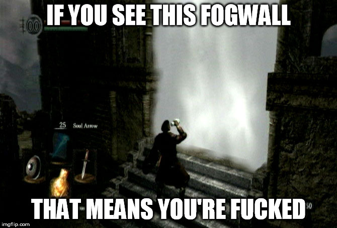 In Dark Souls | IF YOU SEE THIS FOGWALL THAT MEANS YOU'RE F**KED | image tagged in dark souls | made w/ Imgflip meme maker