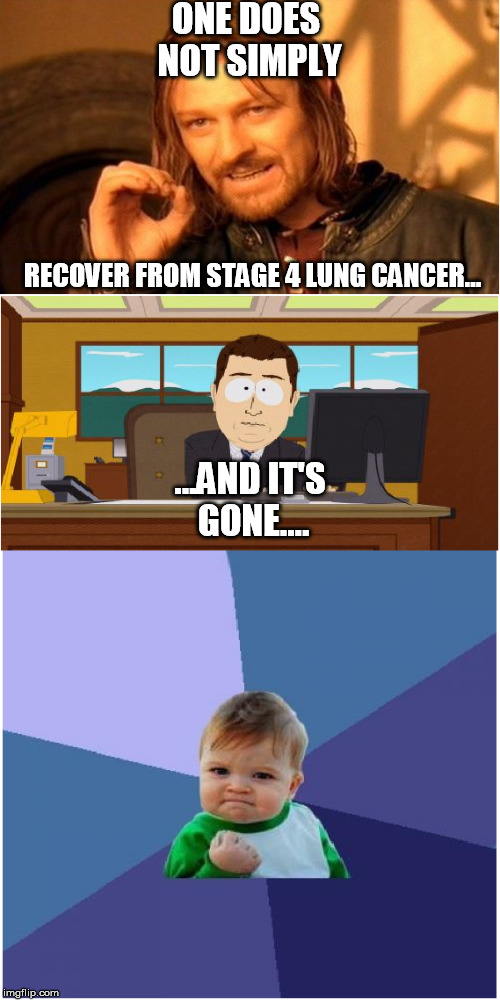 One Does Not Simply Give Up | ONE DOES NOT SIMPLY RECOVER FROM STAGE 4 LUNG CANCER... ...AND IT'S GONE.... | image tagged in cancer,one does not simply,aaaaand its gone,success kid | made w/ Imgflip meme maker
