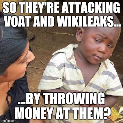 Third World Skeptical Kid Meme | SO THEY'RE ATTACKING VOAT AND WIKILEAKS... ...BY THROWING MONEY AT THEM? | image tagged in memes,third world skeptical kid | made w/ Imgflip meme maker