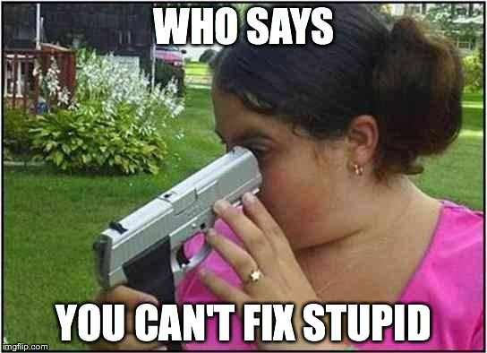GUNS. | WHO SAYS YOU CAN'T FIX STUPID | image tagged in guns | made w/ Imgflip meme maker