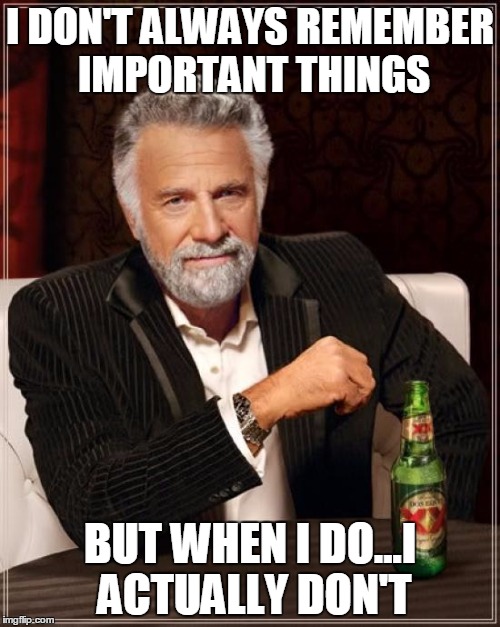 The Most Interesting Man In The World Meme | I DON'T ALWAYS REMEMBER IMPORTANT THINGS BUT WHEN I DO...I ACTUALLY DON'T | image tagged in memes,the most interesting man in the world | made w/ Imgflip meme maker