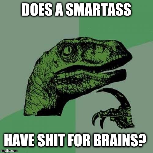 Philosoraptor | DOES A SMARTASS HAVE SHIT FOR BRAINS? | image tagged in memes,philosoraptor | made w/ Imgflip meme maker
