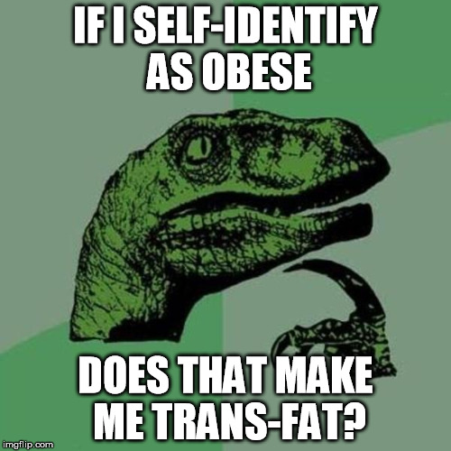 IF I SELF-IDENTIFY AS OBESE DOES THAT MAKE ME TRANS-FAT? | image tagged in self-identify,obese,trans-fat,philosoraptor | made w/ Imgflip meme maker