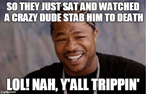 Yo Dawg Heard You Meme | SO THEY JUST SAT AND WATCHED A CRAZY DUDE STAB HIM TO DEATH LOL! NAH, Y'ALL TRIPPIN' | image tagged in memes,yo dawg heard you | made w/ Imgflip meme maker