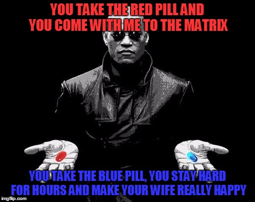 Matrix Morpheus Offer | YOU TAKE THE RED PILL AND YOU COME WITH ME TO THE MATRIX YOU TAKE THE BLUE PILL, YOU STAY HARD FOR HOURS AND MAKE YOUR WIFE REALLY HAPPY | image tagged in matrix morpheus offer | made w/ Imgflip meme maker