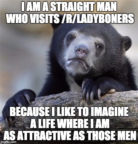 Confession Bear Meme | I AM A STRAIGHT MAN WHO VISITS /R/LADYBONERS BECAUSE I LIKE TO IMAGINE A LIFE WHERE I AM AS ATTRACTIVE AS THOSE MEN | image tagged in memes,confession bear,TrollYChromosome | made w/ Imgflip meme maker