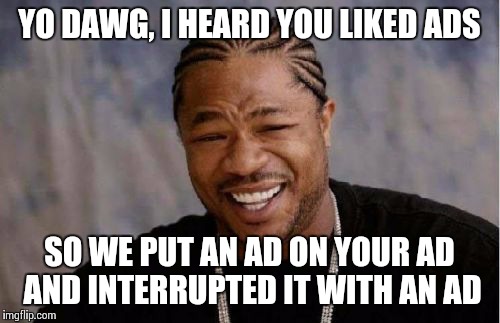 When I see multiple interrupting ads on a youtube video | YO DAWG, I HEARD YOU LIKED ADS SO WE PUT AN AD ON YOUR AD AND INTERRUPTED IT WITH AN AD | image tagged in memes,yo dawg heard you | made w/ Imgflip meme maker