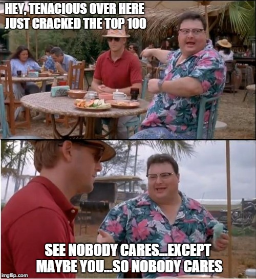 See Nobody Cares | HEY, TENACIOUS OVER HERE JUST CRACKED THE TOP 100 SEE NOBODY CARES...EXCEPT MAYBE YOU...SO NOBODY CARES | image tagged in memes,see nobody cares | made w/ Imgflip meme maker