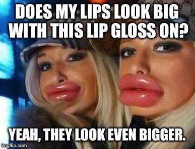 Duck Face Chicks Meme | DOES MY LIPS LOOK BIG WITH THIS LIP GLOSS ON? YEAH, THEY LOOK EVEN BIGGER. | image tagged in memes,duck face chicks | made w/ Imgflip meme maker