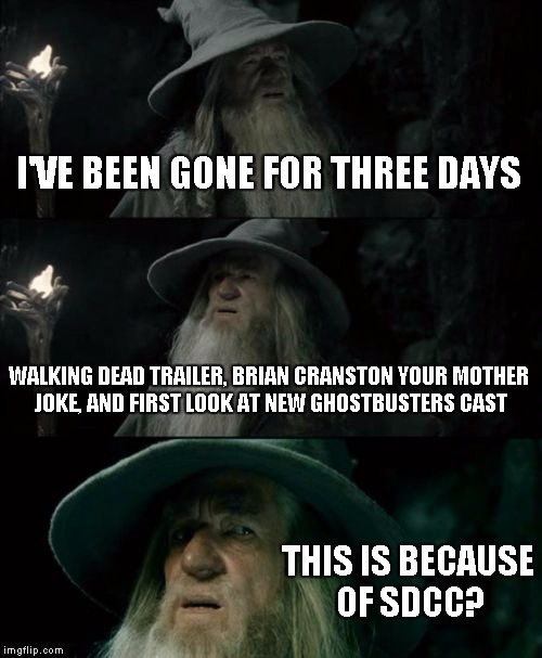 Oh internet you progress so fast. | I'VE BEEN GONE FOR THREE DAYS WALKING DEAD TRAILER, BRIAN CRANSTON YOUR MOTHER JOKE, AND FIRST LOOK AT NEW GHOSTBUSTERS CAST THIS IS BECAUSE | image tagged in memes,confused gandalf | made w/ Imgflip meme maker