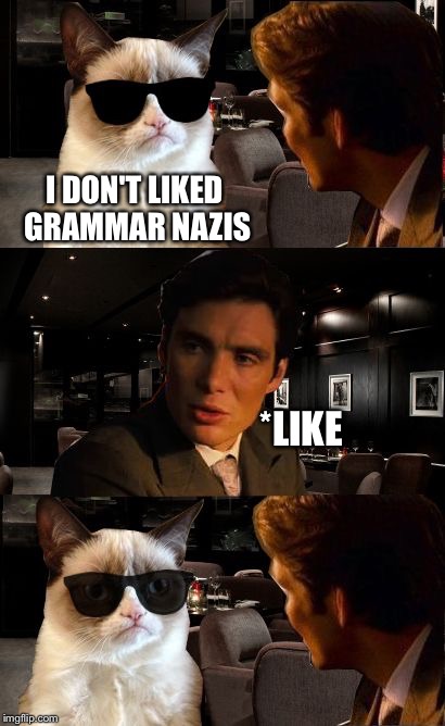 Grumpy makes a mistake | I DON'T LIKED GRAMMAR NAZIS *LIKE | image tagged in memes,inception | made w/ Imgflip meme maker