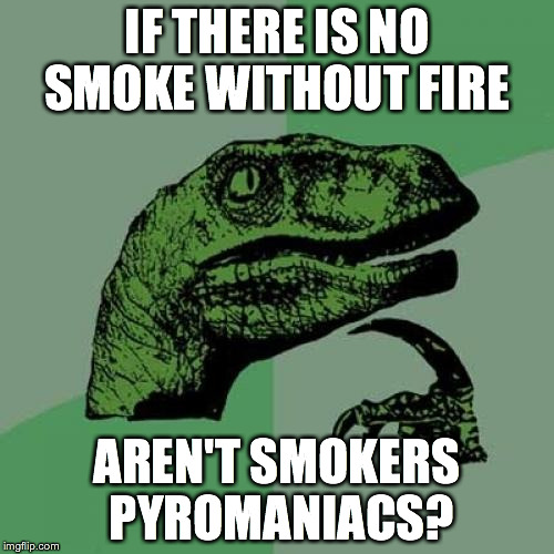 Philosoraptor | IF THERE IS NO SMOKE WITHOUT FIRE AREN'T SMOKERS PYROMANIACS? | image tagged in memes,philosoraptor | made w/ Imgflip meme maker