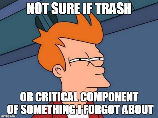 Futurama Fry | NOT SURE IF TRASH OR CRITICAL COMPONENT OF SOMETHING I FORGOT ABOUT | image tagged in memes,futurama fry | made w/ Imgflip meme maker