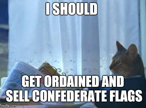I Should Buy A Boat Cat | I SHOULD GET ORDAINED AND SELL CONFEDERATE FLAGS | image tagged in memes,i should buy a boat cat | made w/ Imgflip meme maker