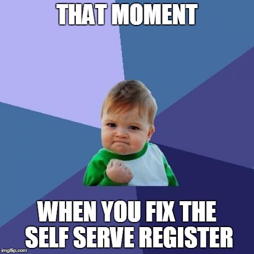 Success Kid Meme | THAT MOMENT WHEN YOU FIX THE SELF SERVE REGISTER | image tagged in memes,success kid | made w/ Imgflip meme maker