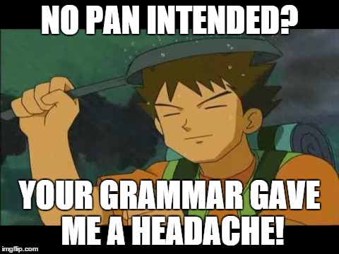 NO PAN INTENDED? YOUR GRAMMAR GAVE ME A HEADACHE! | image tagged in no pan intended,pokemon,puns | made w/ Imgflip meme maker