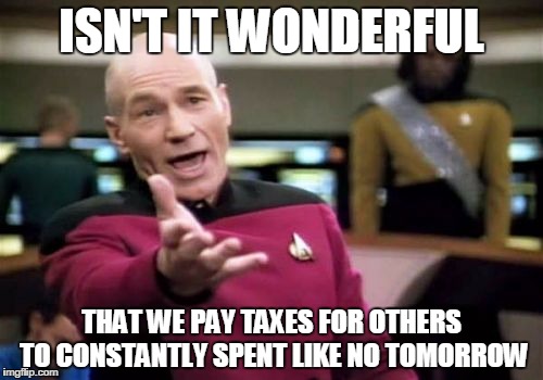 Picard Wtf | ISN'T IT WONDERFUL THAT WE PAY TAXES FOR OTHERS TO CONSTANTLY SPENT LIKE NO TOMORROW | image tagged in memes,picard wtf | made w/ Imgflip meme maker