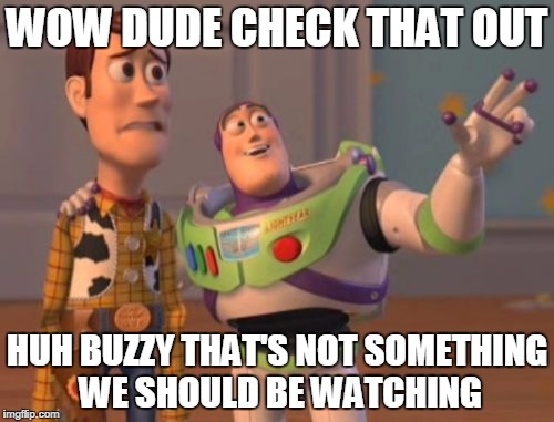 X, X Everywhere Meme | WOW DUDE CHECK THAT OUT HUH BUZZY THAT'S NOT SOMETHING WE SHOULD BE WATCHING | image tagged in memes,x x everywhere | made w/ Imgflip meme maker