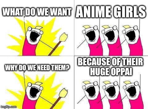 What Do We Want | WHAT DO WE WANT ANIME GIRLS WHY DO WE NEED THEM? BECAUSE OF THEIR HUGE OPPAI | image tagged in memes,what do we want | made w/ Imgflip meme maker