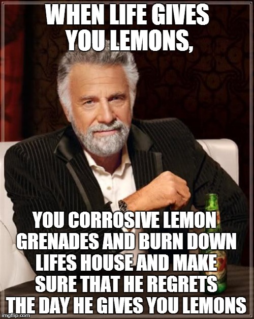 The Most Interesting Man In The World Meme | WHEN LIFE GIVES YOU LEMONS, YOU CORROSIVE LEMON GRENADES AND BURN DOWN LIFES HOUSE AND MAKE SURE THAT HE REGRETS THE DAY HE GIVES YOU LEMONS | image tagged in memes,the most interesting man in the world | made w/ Imgflip meme maker
