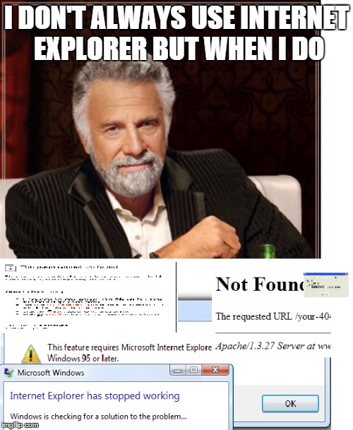 Fudge you too Internet Explorer | I DON'T ALWAYS USE INTERNET EXPLORER BUT WHEN I DO | image tagged in the most interesting man in the world,scumbag,grandma finds the internet,hey internet,internet explorer,memes | made w/ Imgflip meme maker