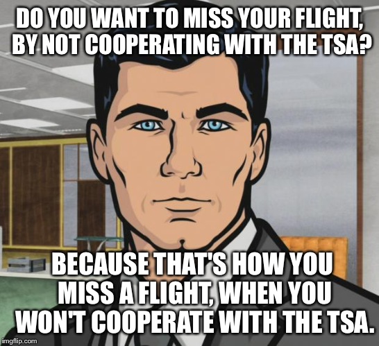 Don't. Just Smile And Obey. Smile And Obey. | DO YOU WANT TO MISS YOUR FLIGHT, BY NOT COOPERATING WITH THE TSA? BECAUSE THAT'S HOW YOU MISS A FLIGHT, WHEN YOU WON'T COOPERATE WITH THE TS | image tagged in archer,airport,traveling,tsa,funny memes,the truth | made w/ Imgflip meme maker