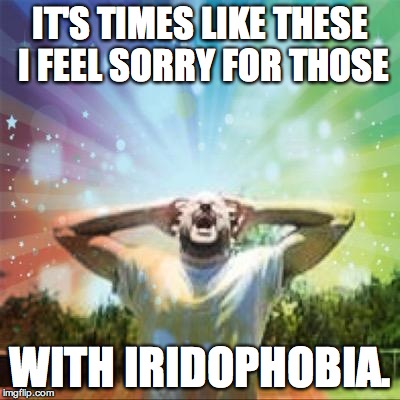 IT'S TIMES LIKE THESE I FEEL SORRY FOR THOSE WITH IRIDOPHOBIA. | image tagged in rainbow fear | made w/ Imgflip meme maker