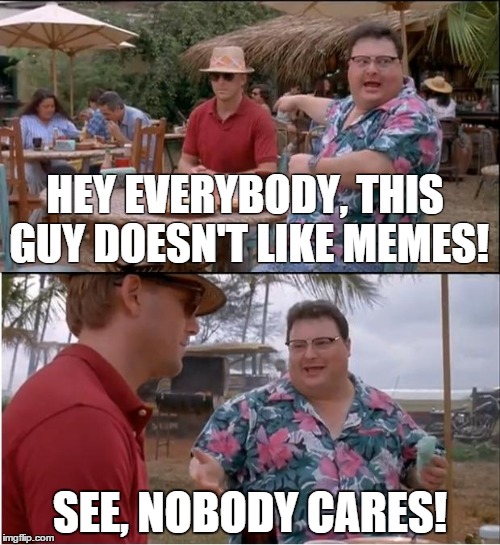 See Nobody Cares | HEY EVERYBODY, THIS GUY DOESN'T LIKE MEMES! SEE, NOBODY CARES! | image tagged in memes,see nobody cares | made w/ Imgflip meme maker