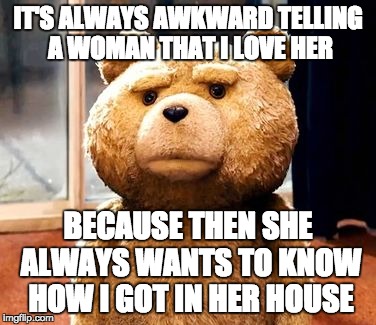 TED Meme | IT'S ALWAYS AWKWARD TELLING A WOMAN THAT I LOVE HER BECAUSE THEN SHE ALWAYS WANTS TO KNOW HOW I GOT IN HER HOUSE | image tagged in memes,ted | made w/ Imgflip meme maker