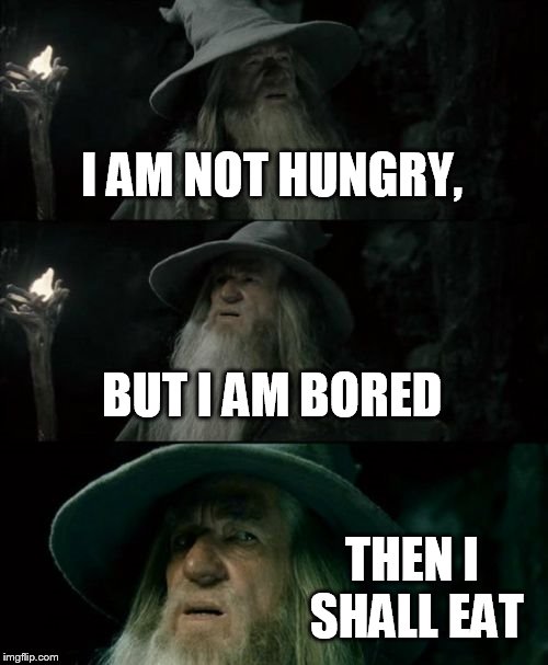 Confused Gandalf | I AM NOT HUNGRY, BUT I AM BORED THEN I SHALL EAT | image tagged in memes,confused gandalf | made w/ Imgflip meme maker