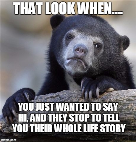 Confession Bear | THAT LOOK WHEN.... YOU JUST WANTED TO SAY HI, AND THEY STOP TO TELL YOU THEIR WHOLE LIFE STORY | image tagged in memes,confession bear | made w/ Imgflip meme maker